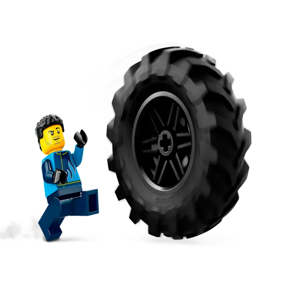LEGO minifigure running beside oversized tire on black background Buy LEGO City toys online India Sam's Toy World Ahmedabad