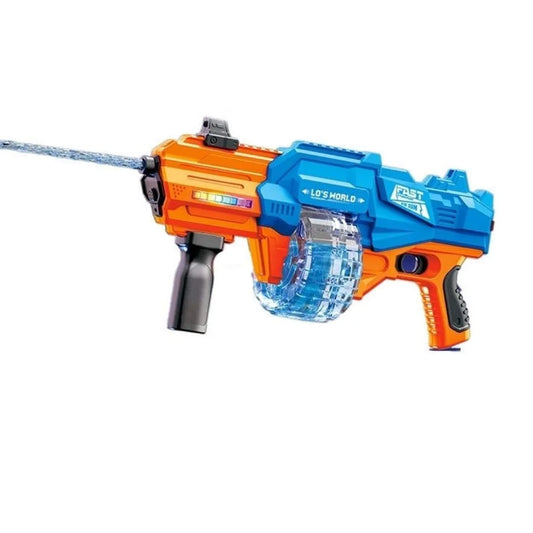 Blue and orange water blaster toy gun, front view, for Holi celebrations, buy water blaster toy Ahmedabad at Sam's Toy World