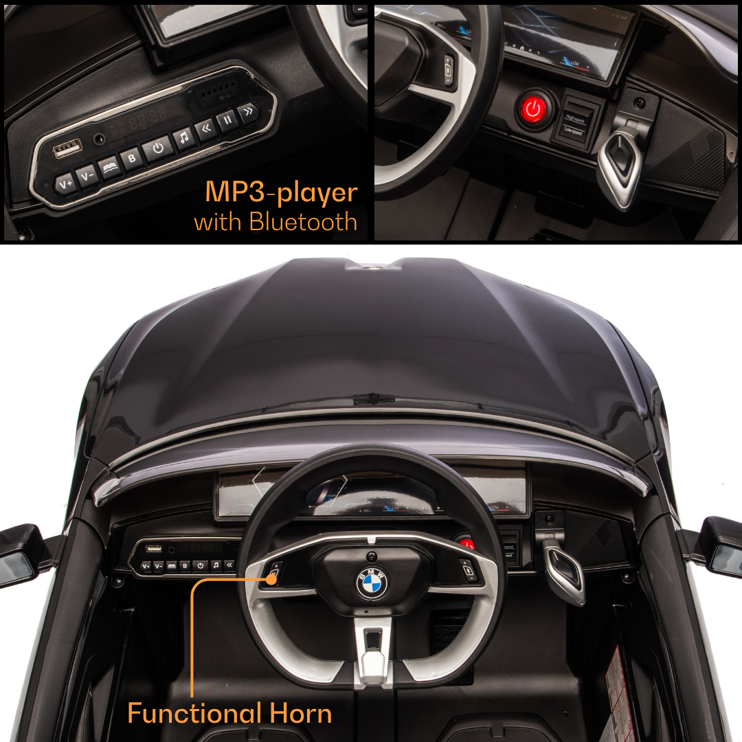 Black child's ride on electric car in Ahmedabad at Sam's Toy World, featuring Bluetooth MP3 player and functional horn