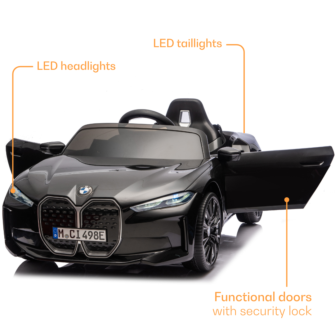 Black child's ride on electric car in Ahmedabad at Sam's Toy World with LED headlights and functional doors