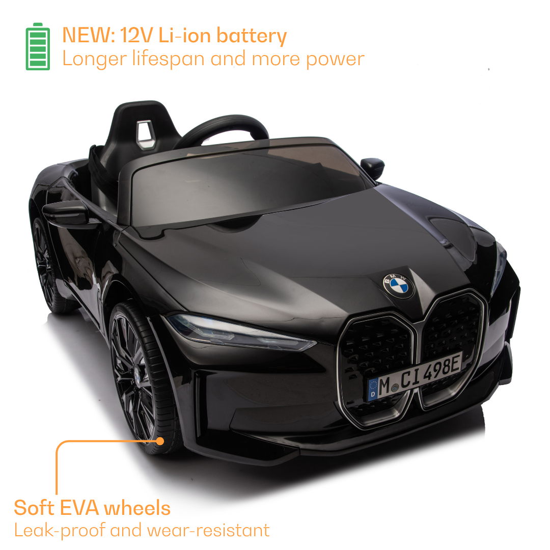 Black BMW childs ride on electric car in Ahmedabad at Sam's Toy World, front view, perfect for young drivers