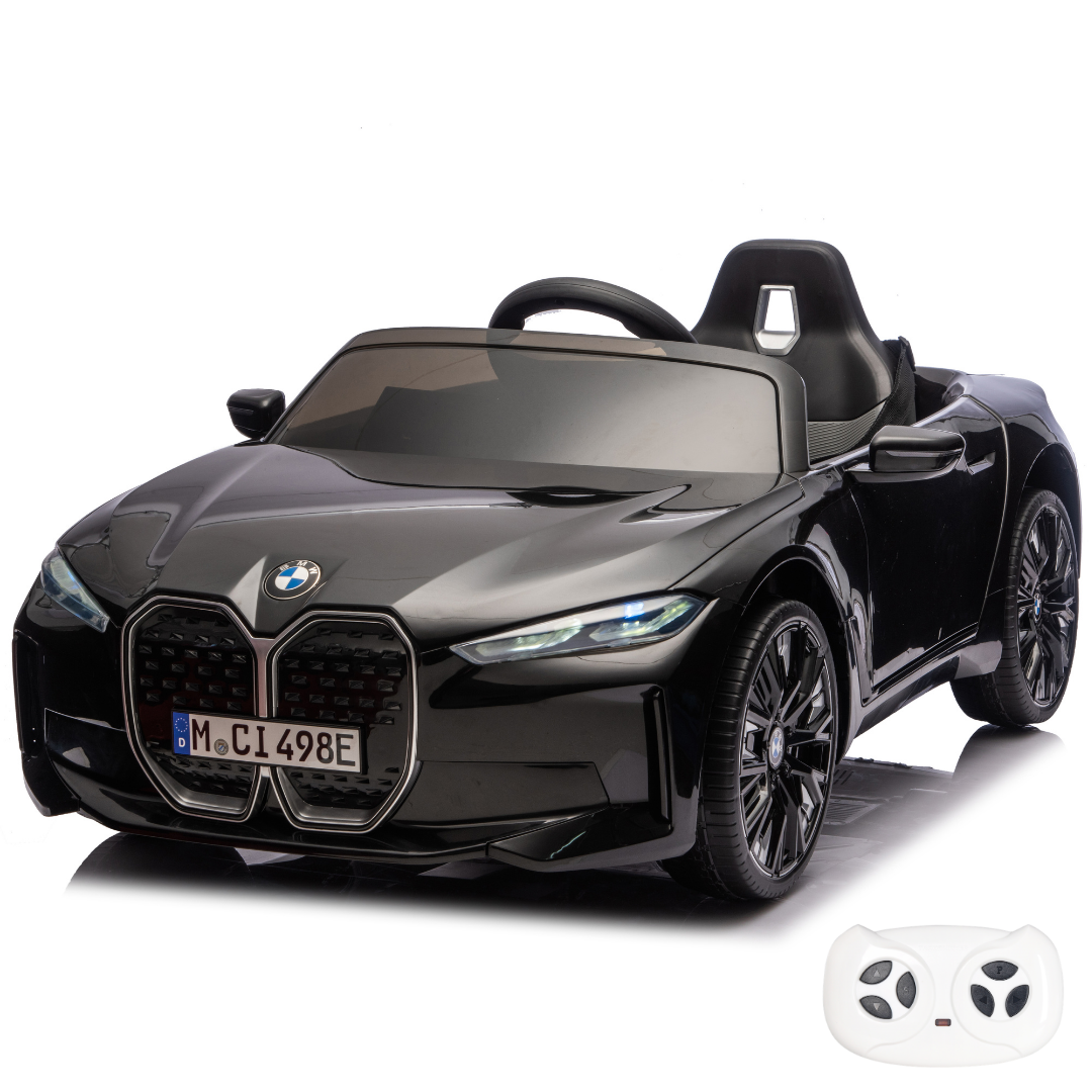 Black BMW childs ride on electric car in Ahmedabad at Sam's Toy World, front view, for outdoor fun