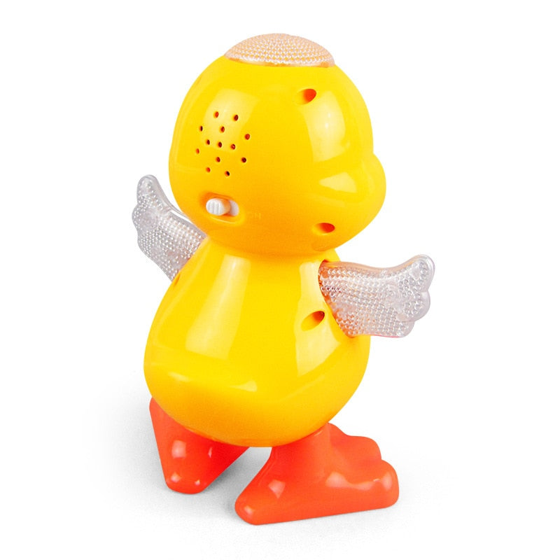 Yellow dancing duck educational toy at Sam's Toy World Ahmedabad, back view, promotes learning through play