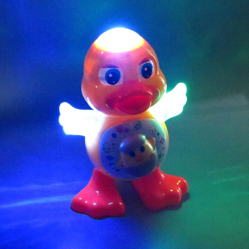 Colorful dancing duck educational toy at Sam's Toy World Ahmedabad, illuminated with lights for interactive play