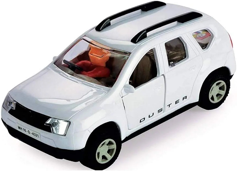 White Duster SUV model with roof rails and driver figure diecast vehicle toy showpiece Sam's Toy World Ahmedabad shop