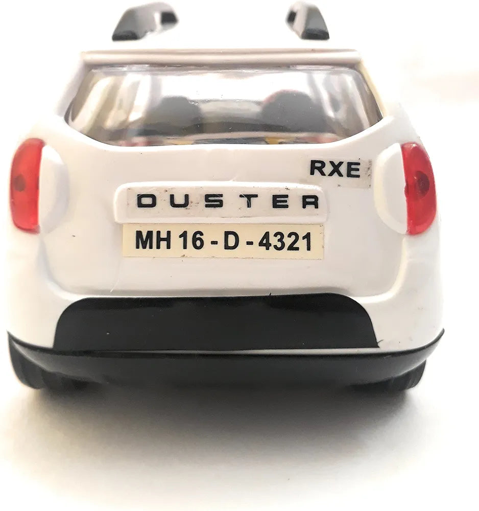 Rear view white Duster diecast toy with MH16-D-4321 plate RXE badge diecast vehicle toy showpiece Sam's Toy World Ahmedabad shop
