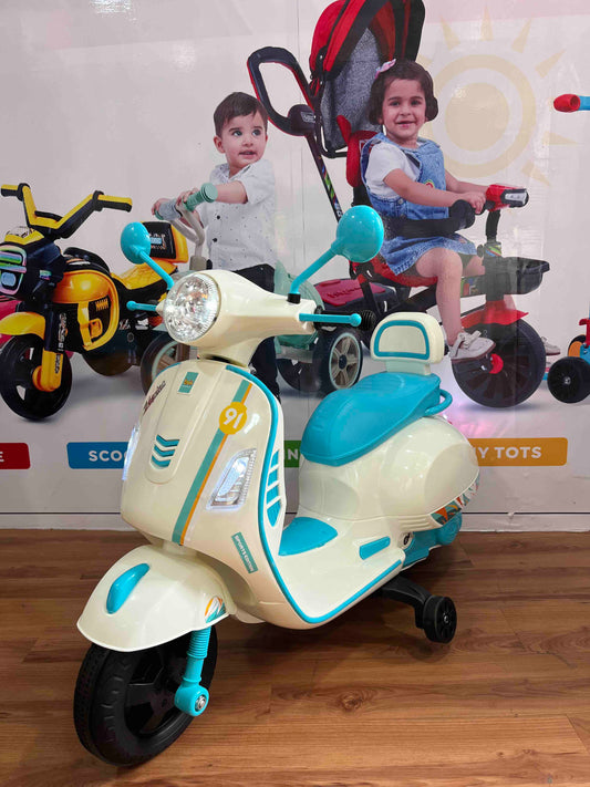 Electric scooter toy with training wheels Luusa Vespa Scooter for Kids in blue and white from Sams Toy World