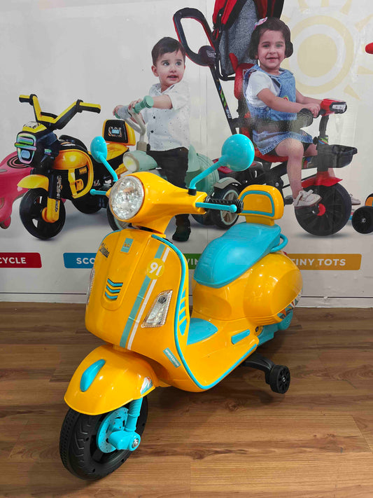 Electric scooter toy with training wheels Luusa Vespa Scooter for Kids in vibrant yellow and blue design
