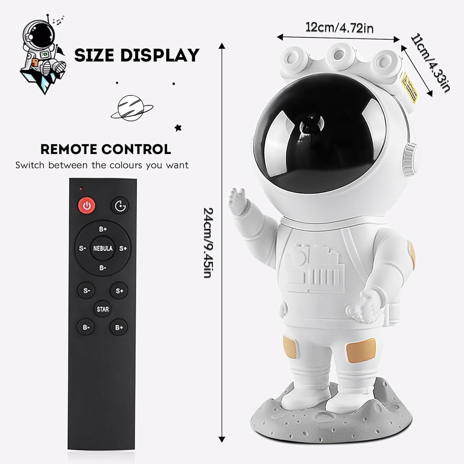 White galaxy projector by Sam's Toy World Ahmedabad with astronaut design, remote control for colorful light effects