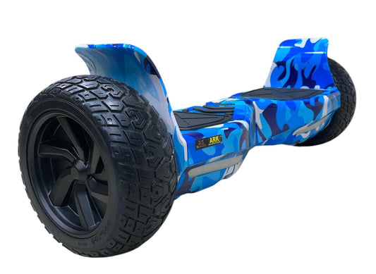 Blue camouflage hoverboard for off road for adults from Sam's Toy World Ahmedabad, side view showcasing rugged tires
