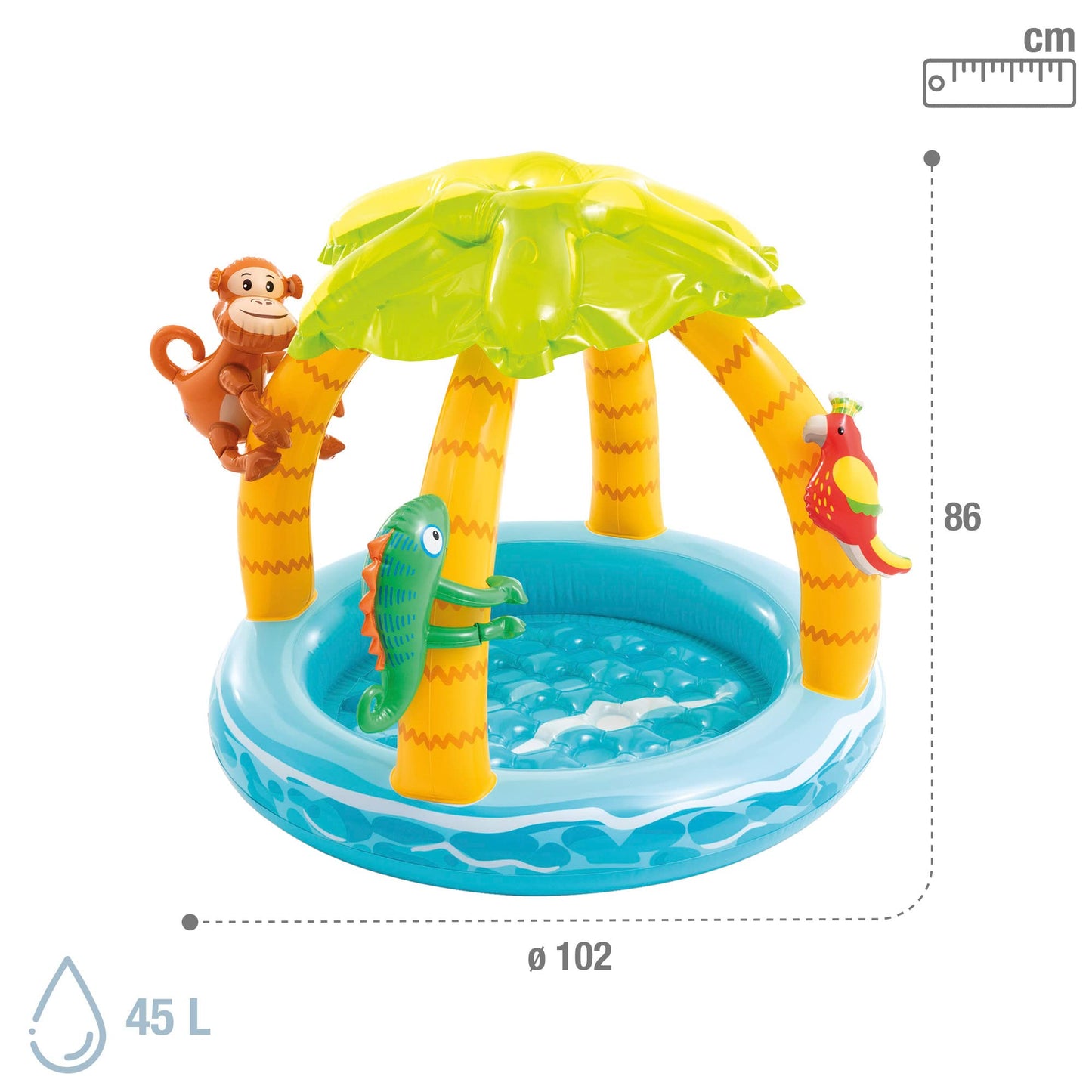 Colorful inflatable baby pool with shade by Sam's Toy World Ahmedabad, featuring jungle animals for sunny outdoor fun
