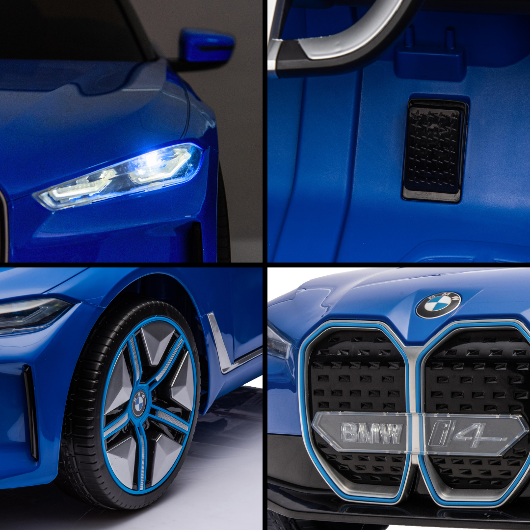 Blue BMW i4 kids car from Sam's Toy World, side view, for outdoor play in Ahmedabad Gujarat.