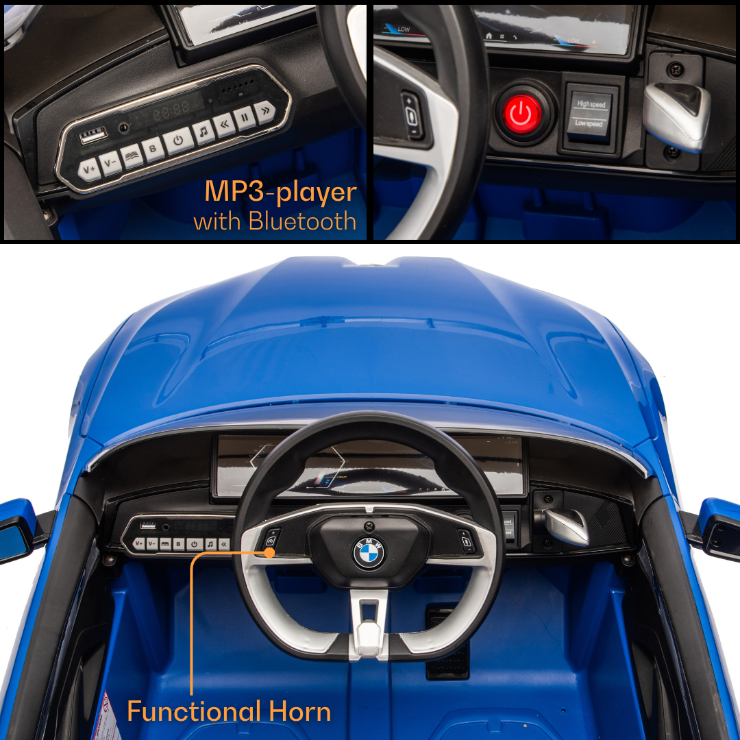 Blue kids car from Sam's Toy World Ahmedabad Gujarat with MP3 player and functional horn, front view