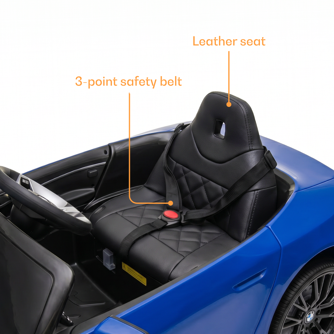 Blue kids car from Sam's Toy World Ahmedabad Gujarat with leather seat and 3-point safety belt