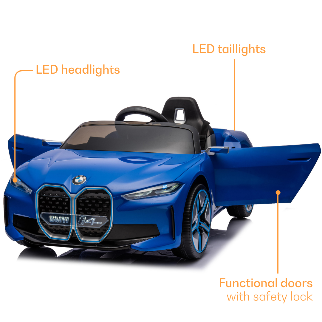 Blue kids car from Sam's Toy World, front view, features LED headlights and functional doors for safe play
