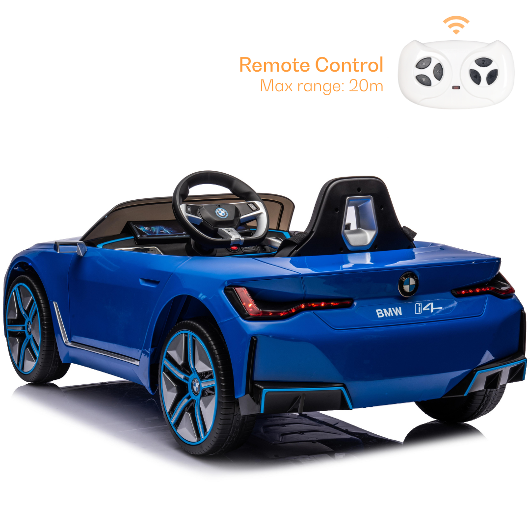 Blue BMW i4 kids car from Sam's Toy World, rear view, with remote control for fun outdoor play in Ahmedabad Gujarat