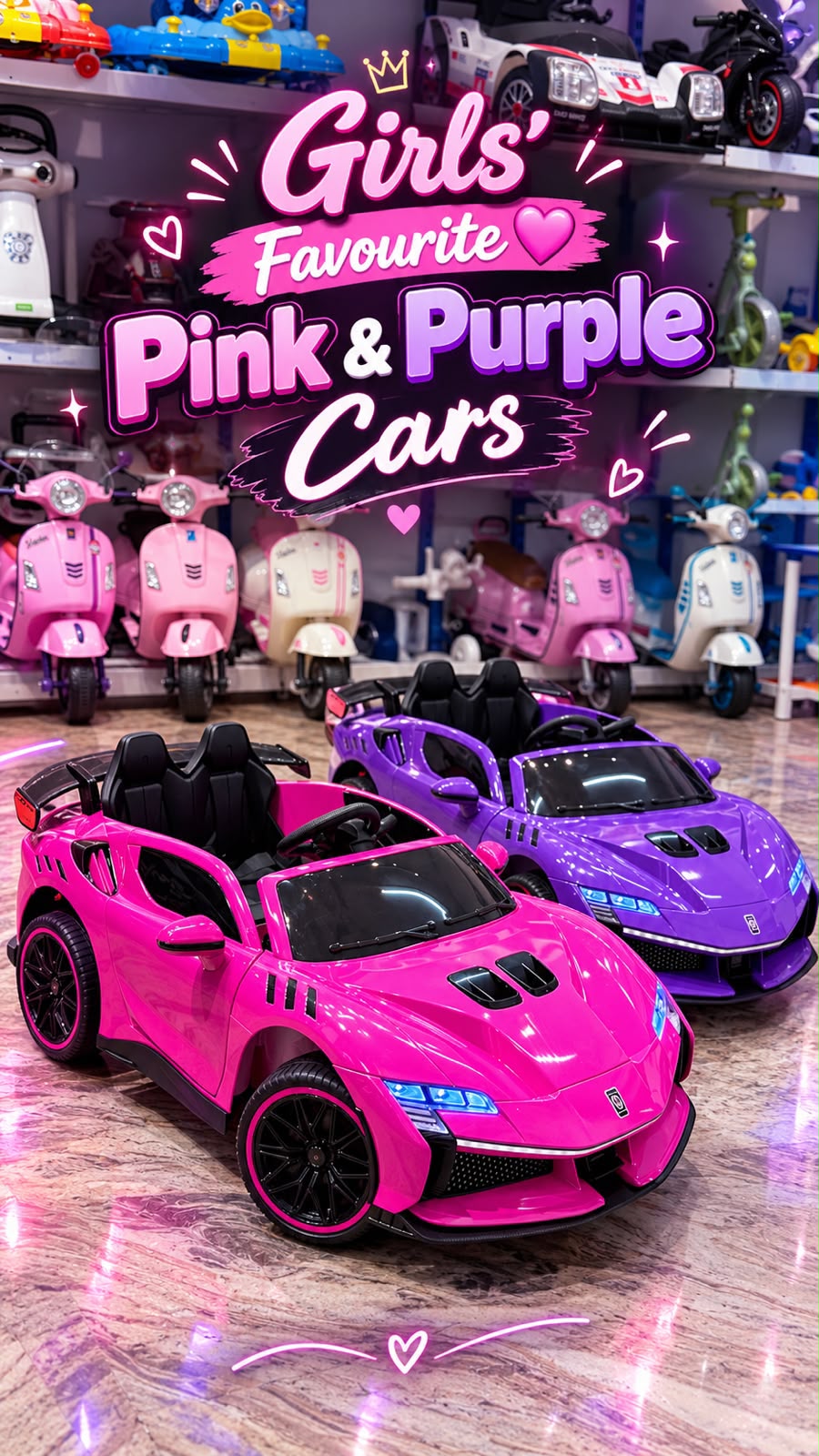 Pink and purple kids Ferrari rechargeable electric ride on kids car by Sam's Toy World for ages 3 and up