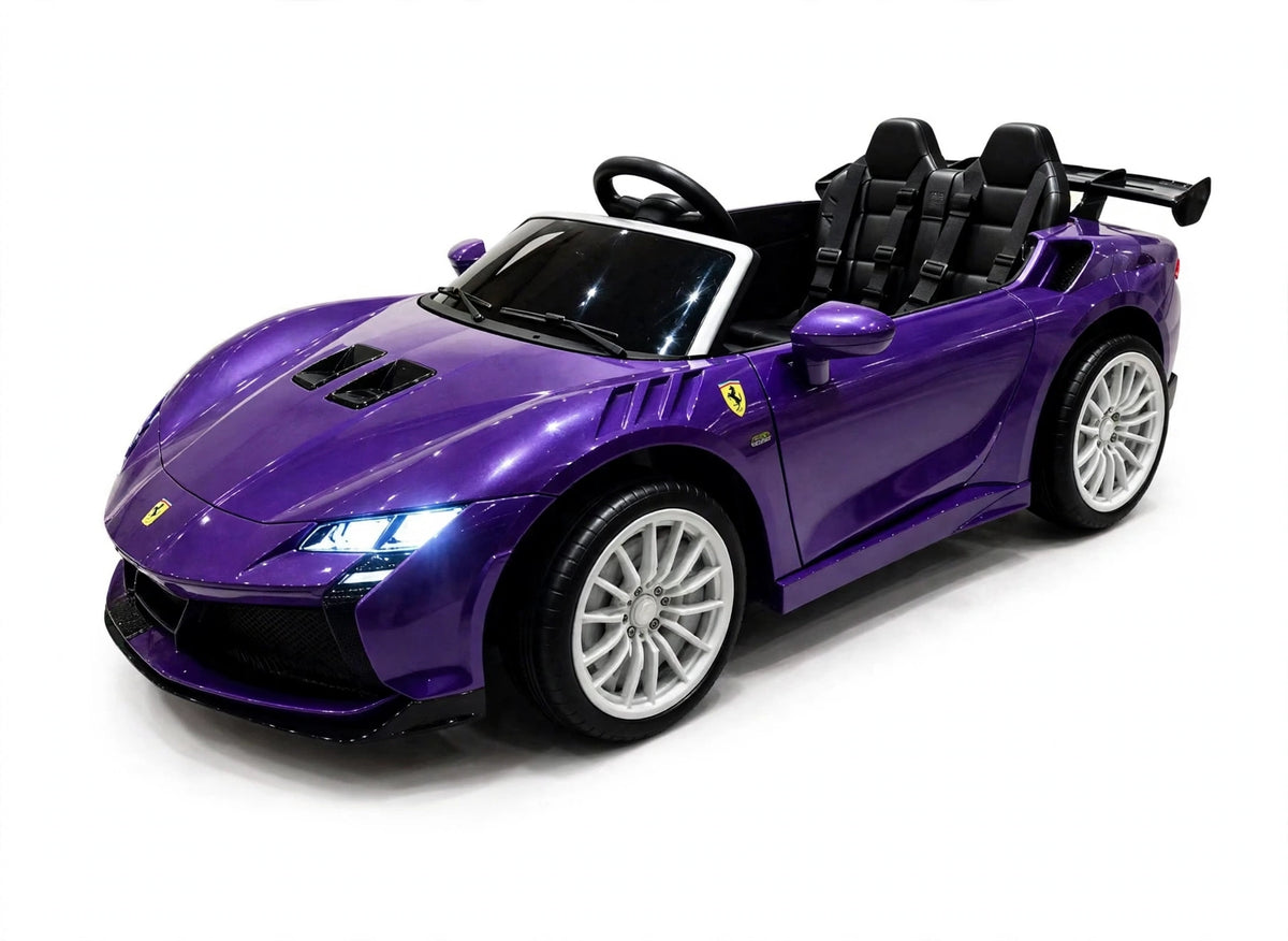 Kids Ferrari Rechargeable Electric Ride on kids car in purple by Sam's Toy World for ages 3 and up