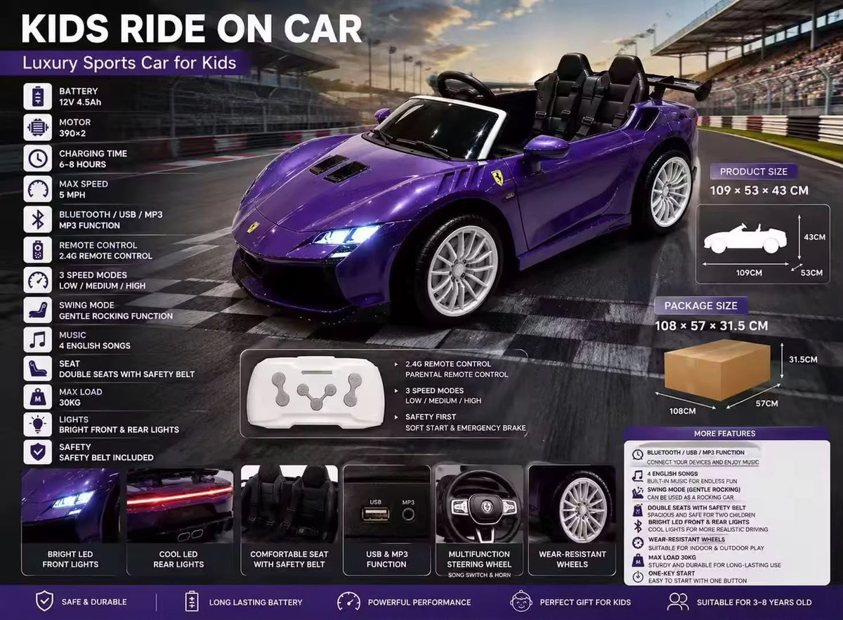 Kids Ferrari Rechargeable Electric Ride on kids car by Sam's Toy World in purple for ages 3 to 8