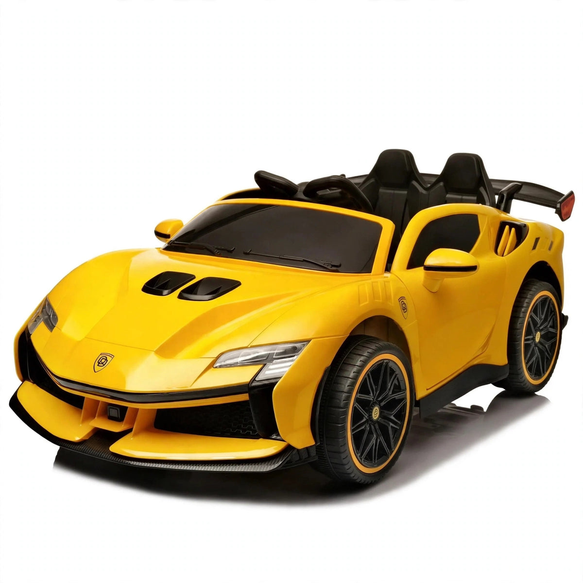 Kids Ferrari Rechargeable Electric Ride on kids car by Sam's Toy World in yellow for ages 3 to 7