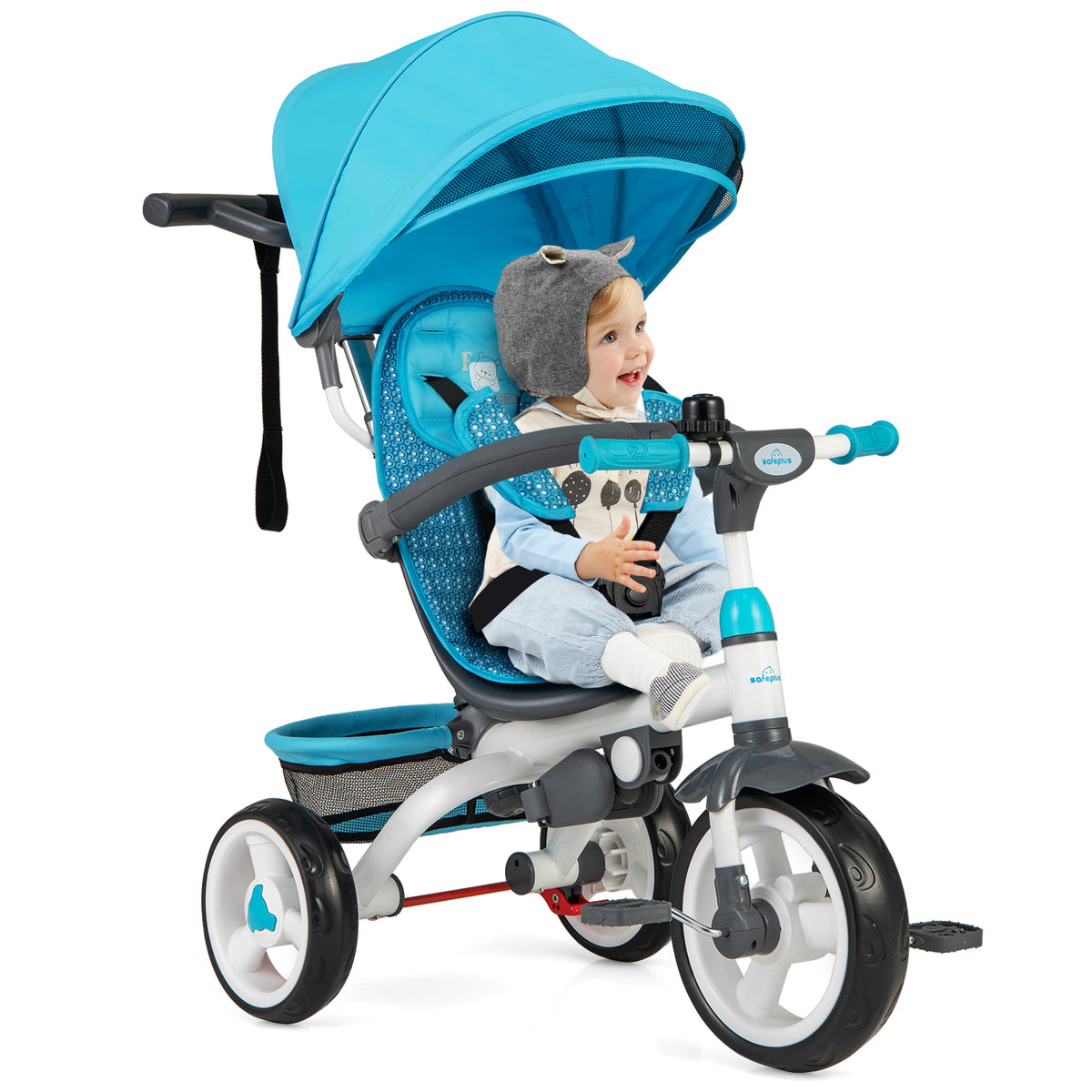 Parent Control tricycle Sam's Toy World in blue for toddlers with adjustable seat and canopy