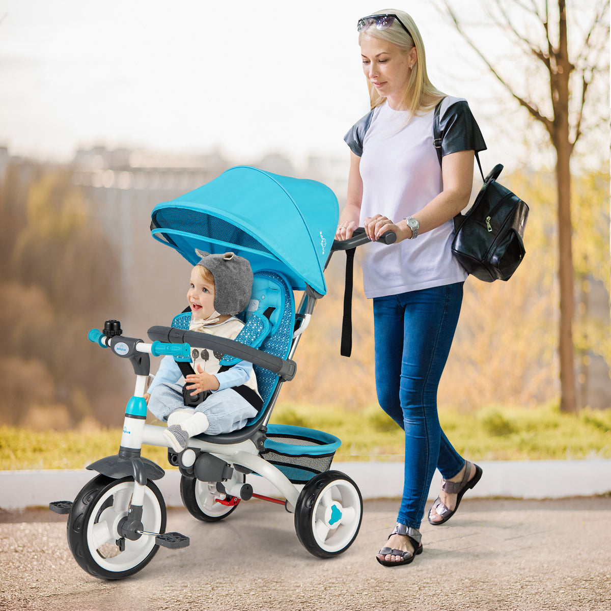 Parent Control tricycle Sam's Toy World in blue for toddlers with adjustable canopy and parent handle
