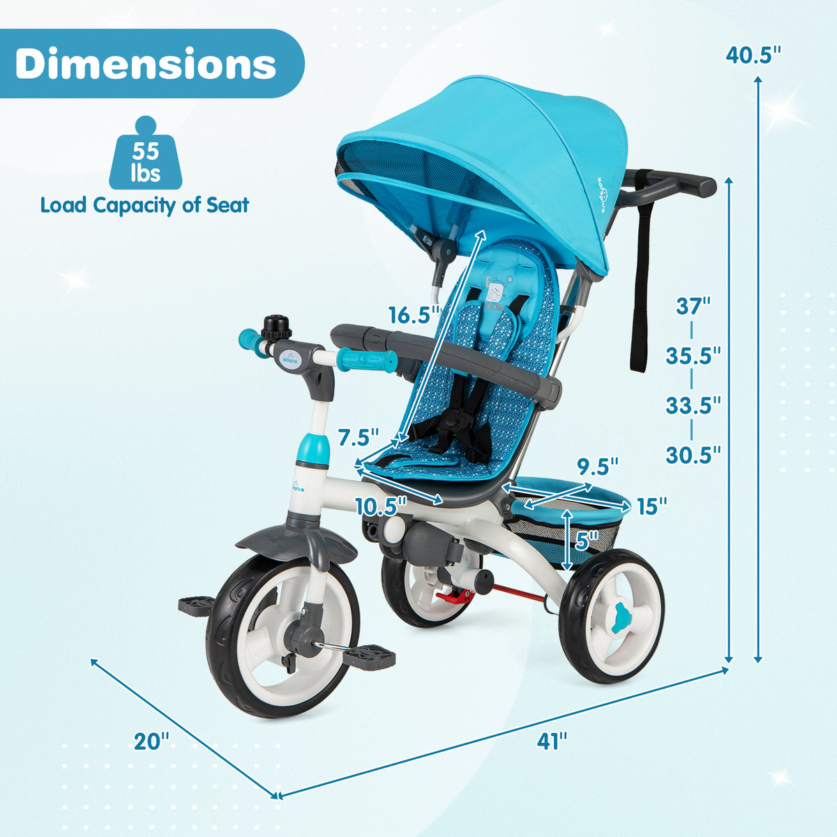 Parent Control tricycle Sam's Toy World in blue, designed for children ages 2-5, featuring adjustable canopy