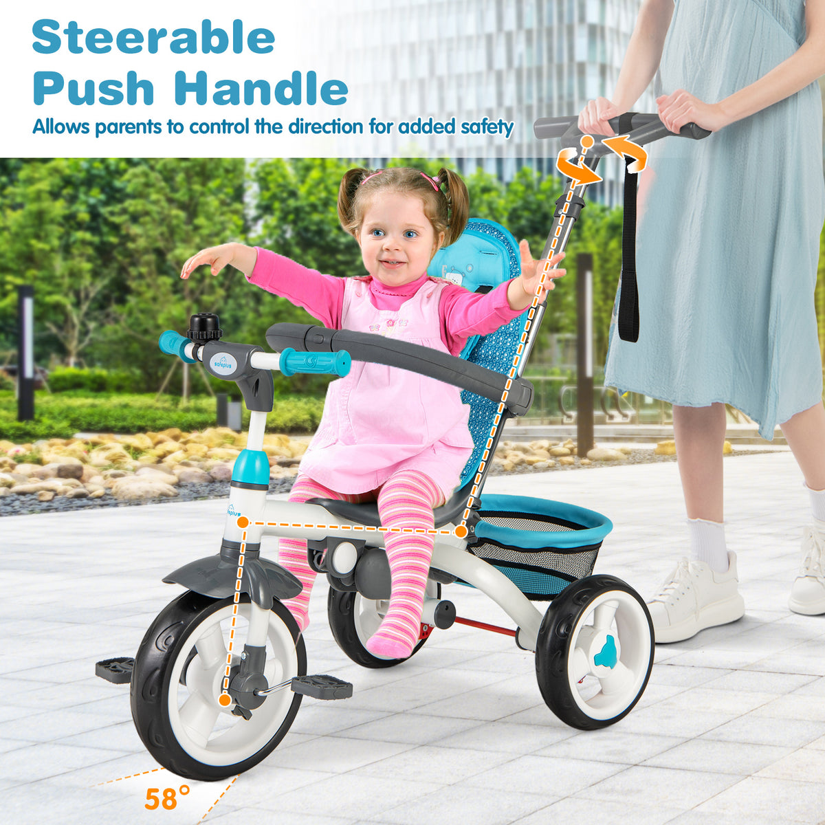 Steerable Parent Control Tricycle for toddlers in blue and white at Sam's Toy World