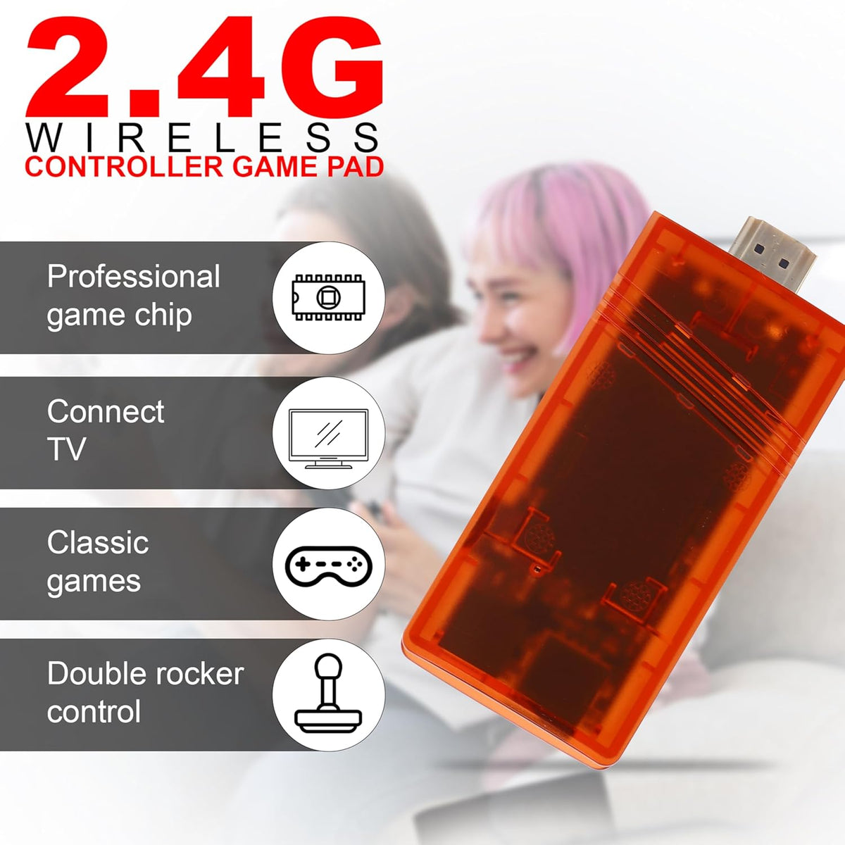 Orange 2.4G wireless controller game pad designed for classic games, connecting to TV for gaming enjoyment