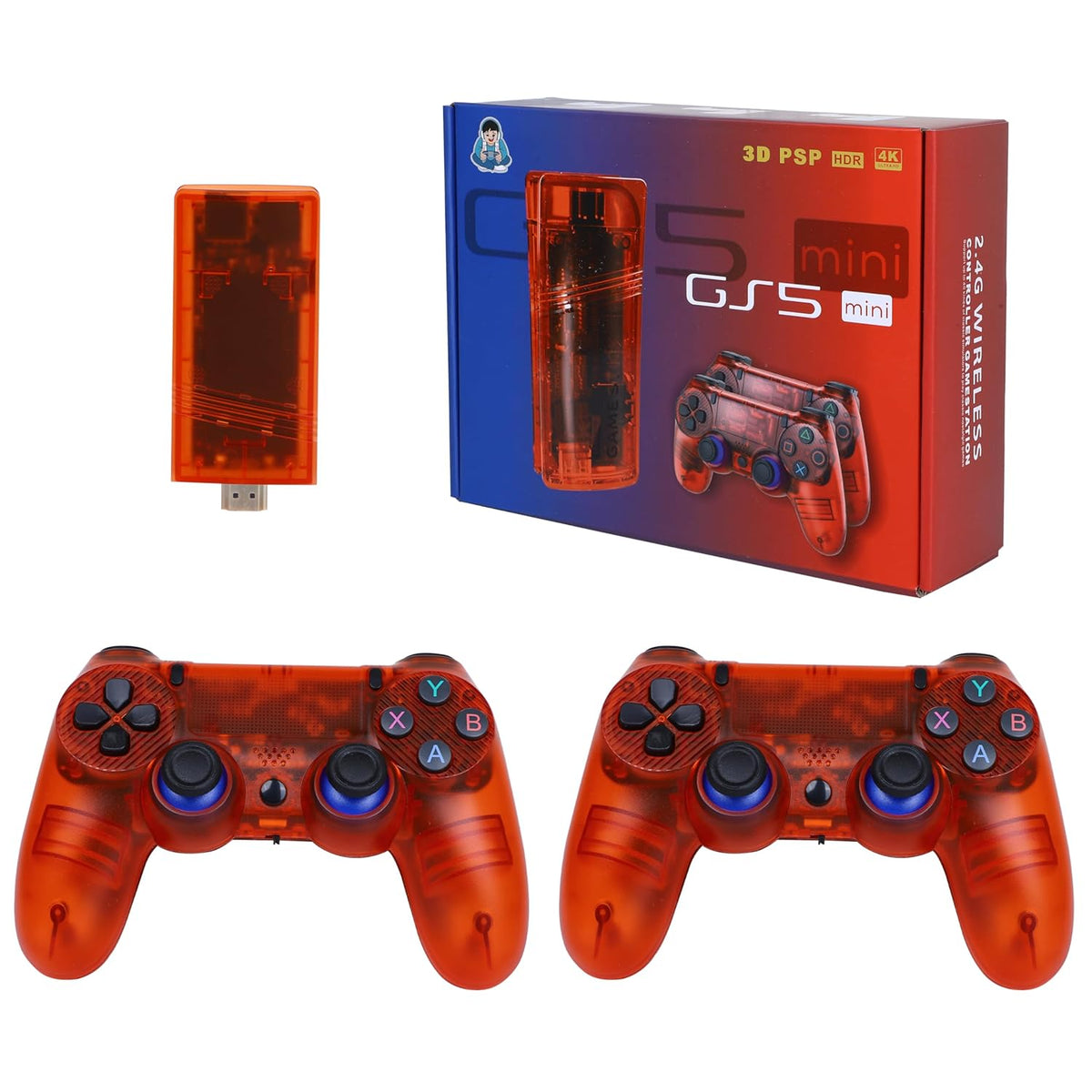 Orange portable game console GS5 mini with two controllers, front view, ideal for gaming enthusiasts, wholesale price Sam's Toy World Ahmedabad.