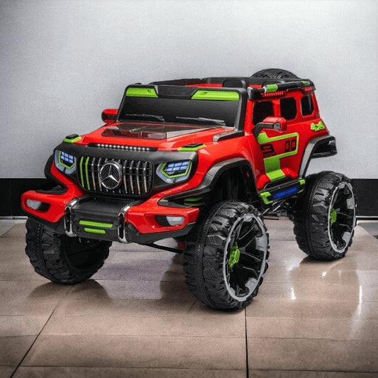Red and green ride on toy car resembling an off-road vehicle from Sam's Toy World ride on toys with warranty online shopping