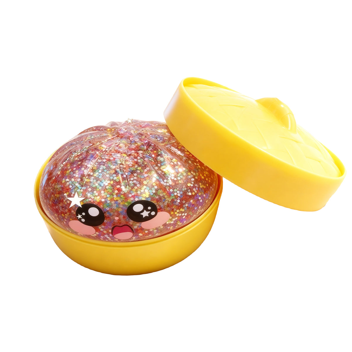Cute glittery squeeze stress toy at Sam's Toy World Ahmedabad, yellow container with cheerful face for relaxation