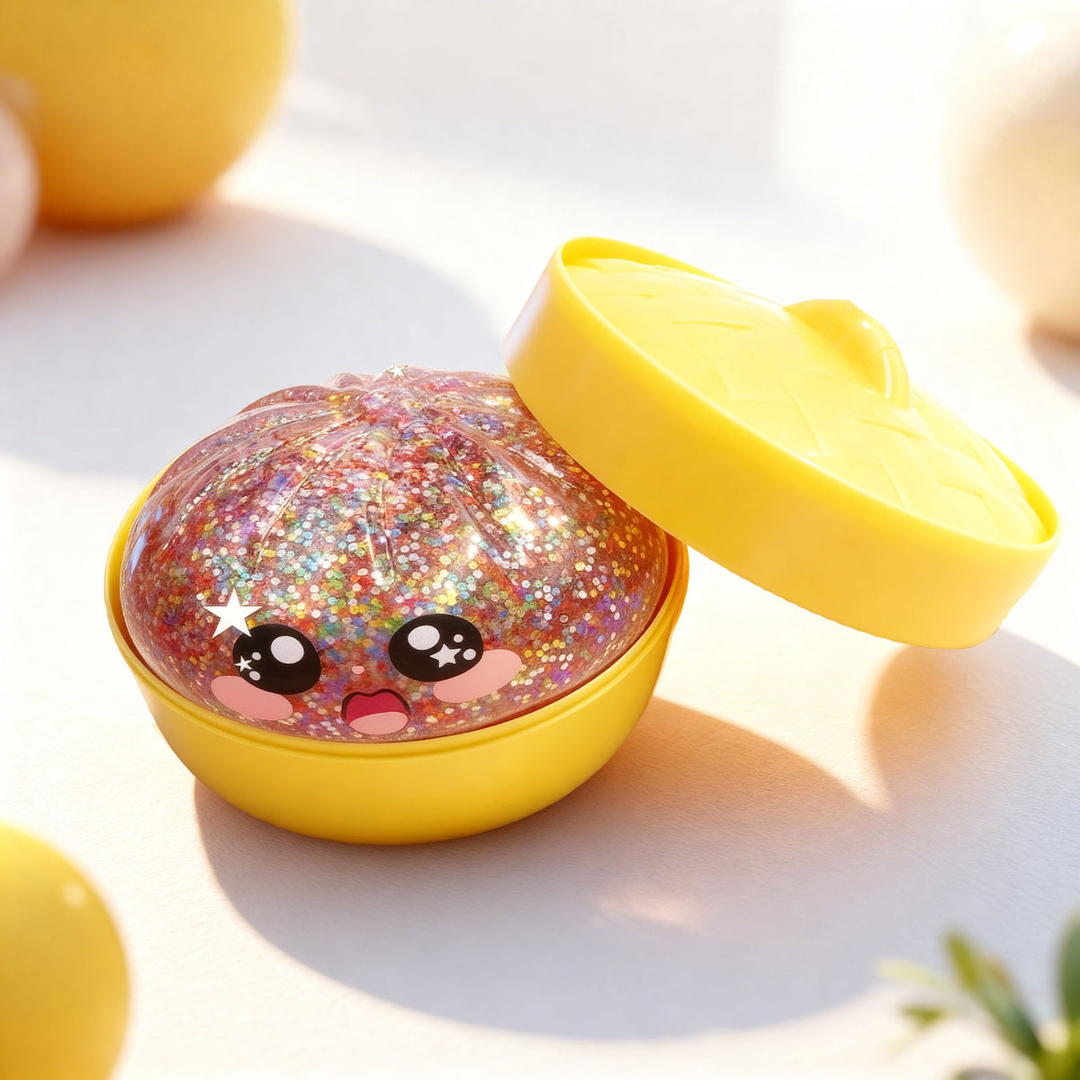 Colorful squeeze stress toy at Sam's Toy World Ahmedabad with glitter and a cute face, promotes relaxation.
