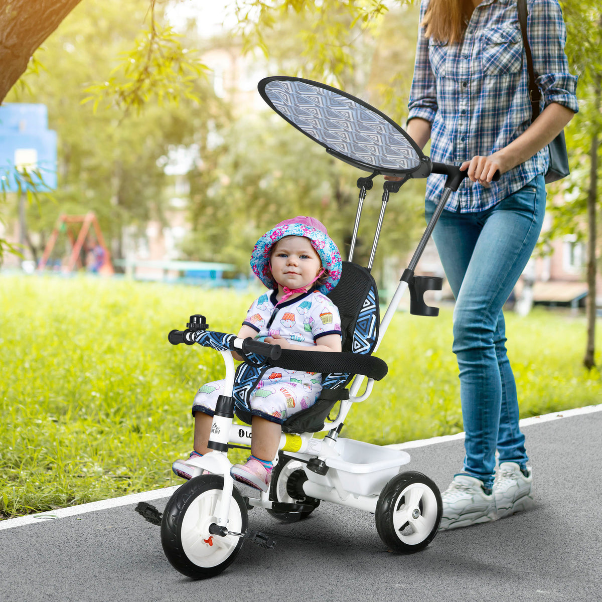 Tricycle foldable parental control canopy in white for toddlers, perfect for outdoor use, available at Sam's Toy World Ahmedabad