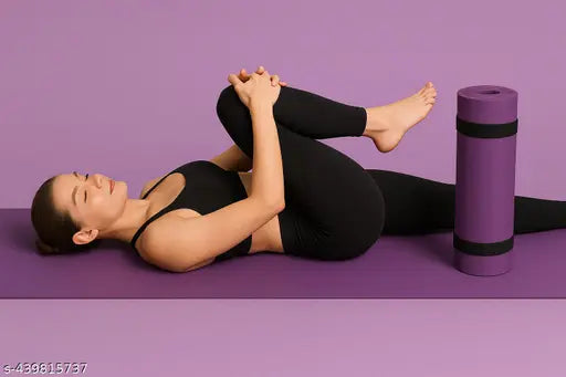 Woman performing yoga stretch on purple Sam's Toy World yoga mat for boys girls kids adults with matching rolled mat