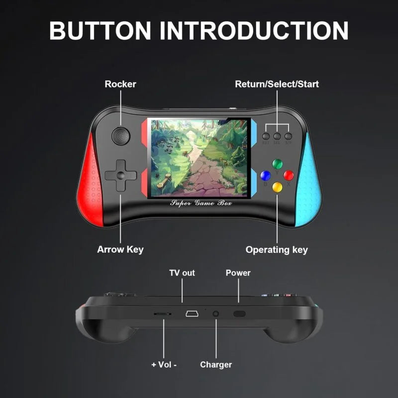 Close-up of Sam's Toys Retro Gaming Console X7M with 3.5 inch display and game controls for 2-player fun