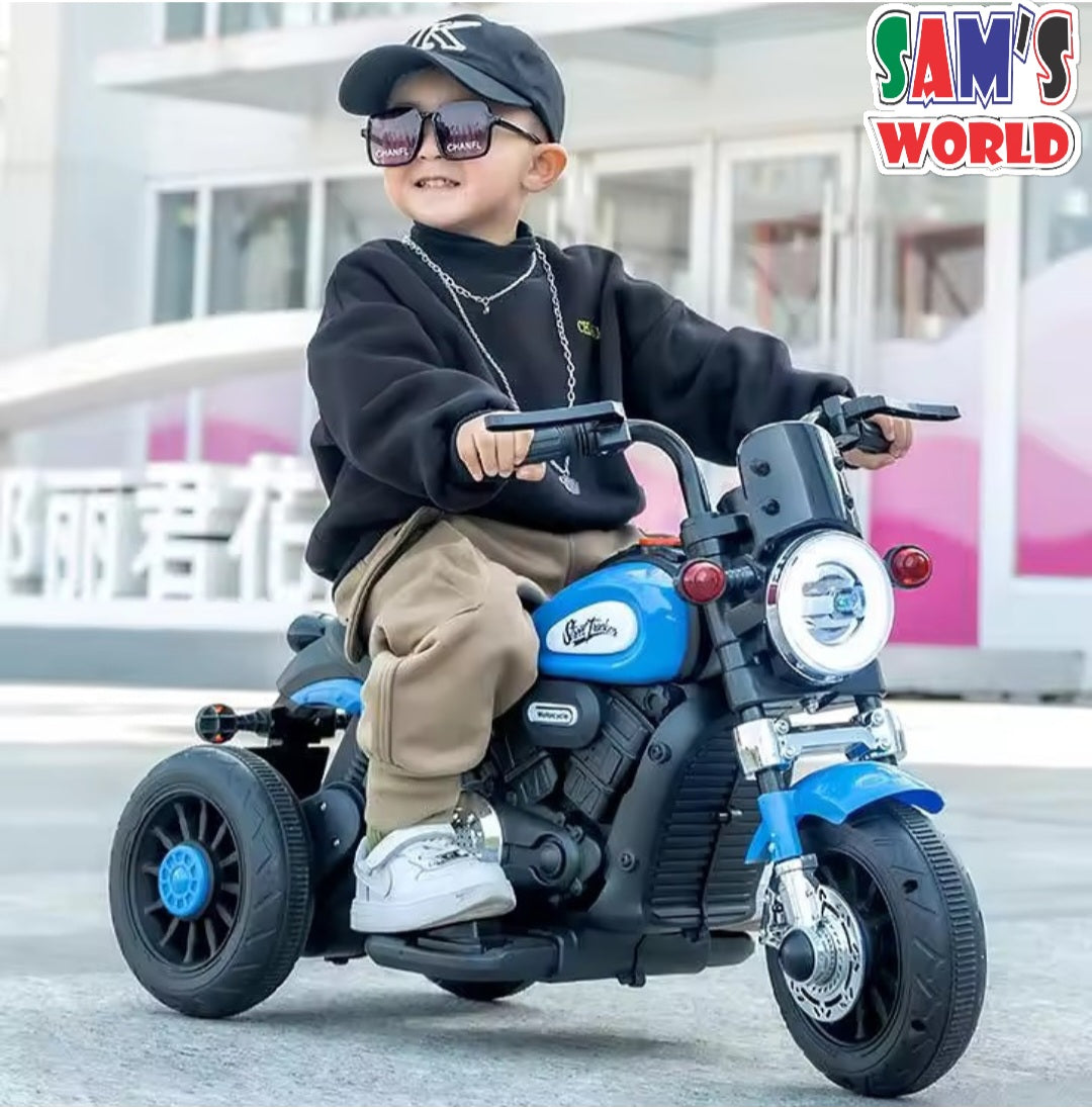 3 wheel sports bike for children 1 to 7 years in blue with realistic motorcycle design and safety features