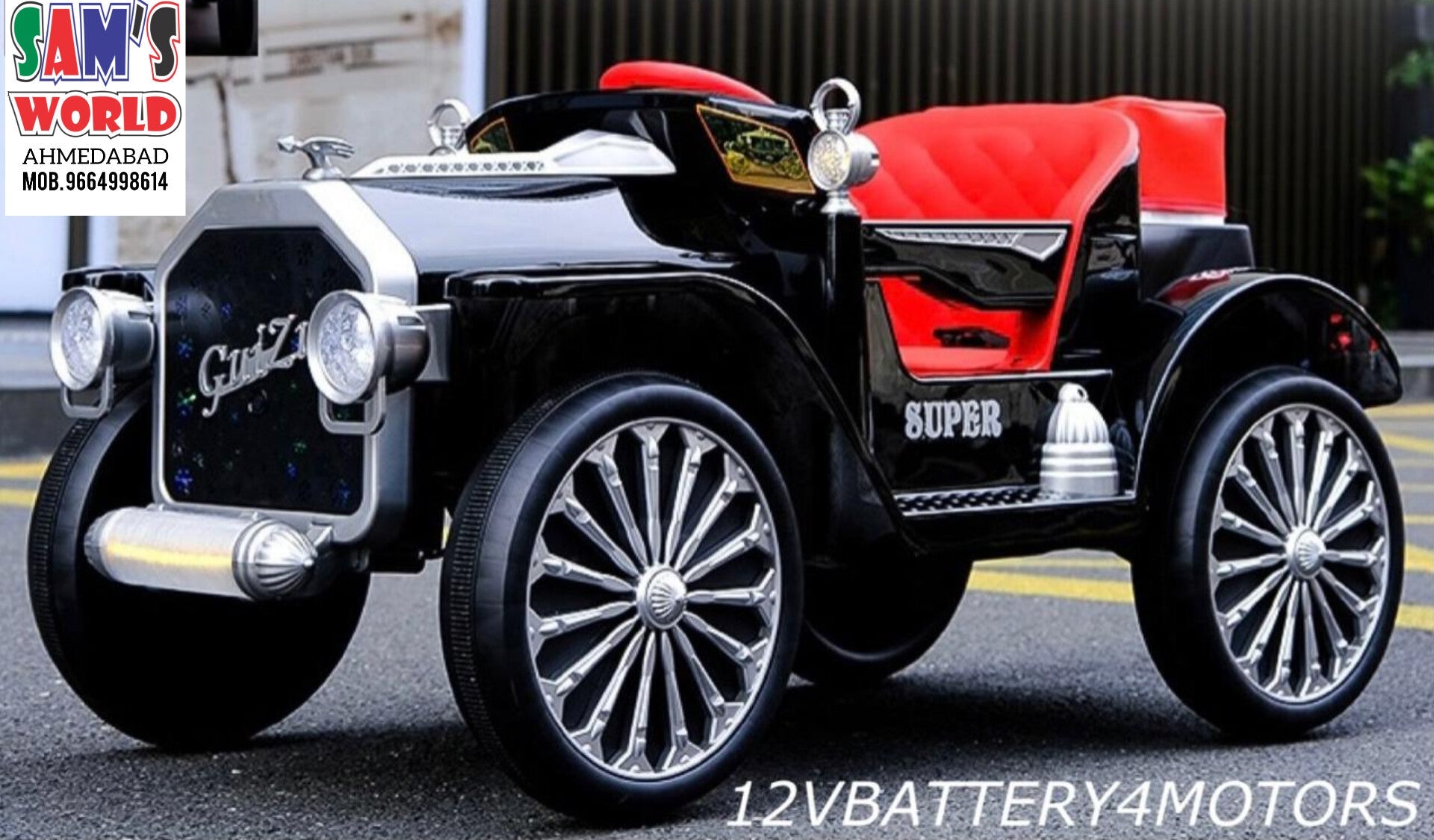 Black vintage Mercedes ride on car for kids battery operated in Gujarat . Red seat chrome wheels 12V battery toy by samstoy