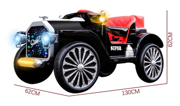 Black and red vintage Mercedes ride on car for kids battery operated in Gujarat with LED lights and large chrome wheels