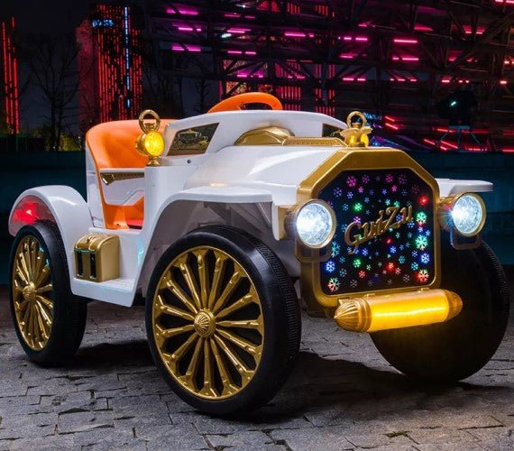 White and gold LED vintage toy car with orange seat vintage Mercedes ride on car for kids battery operated in Gujarat