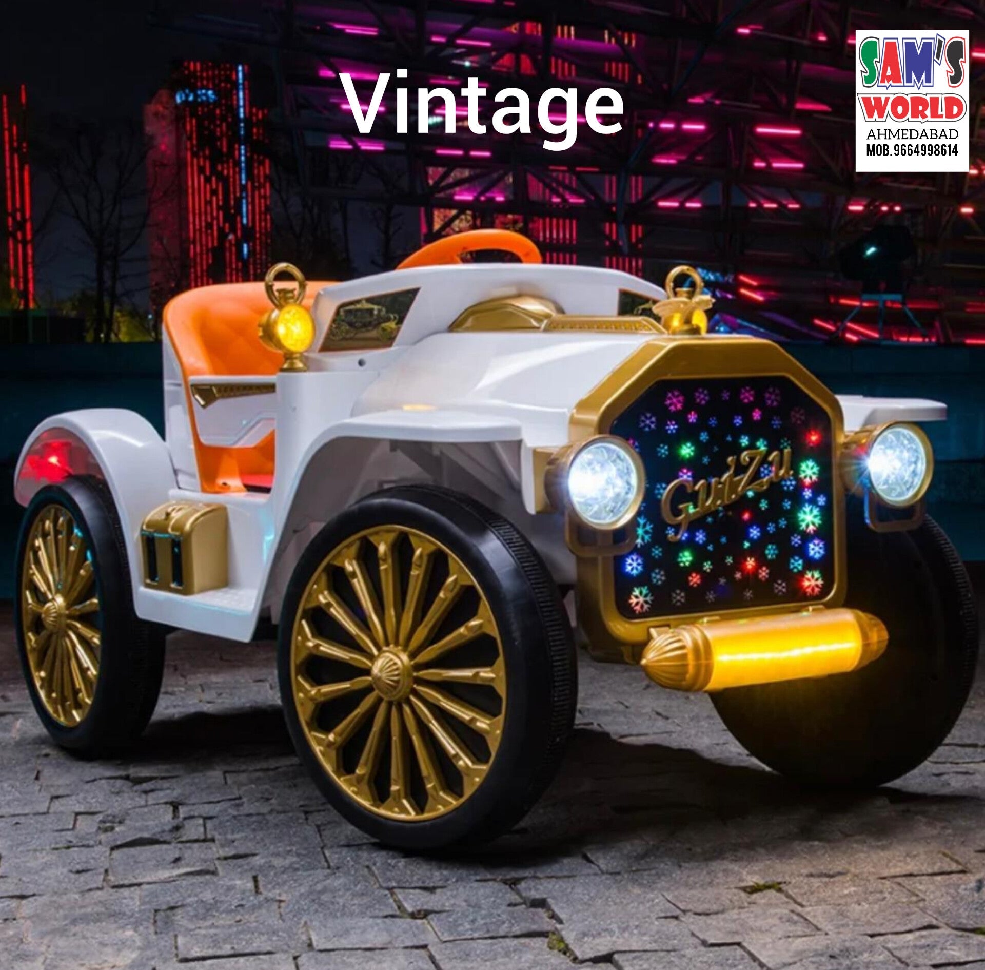 vintage Mercedes ride on car for kids battery operated in Gujarat . White and gold electric ride on car with LED headlights