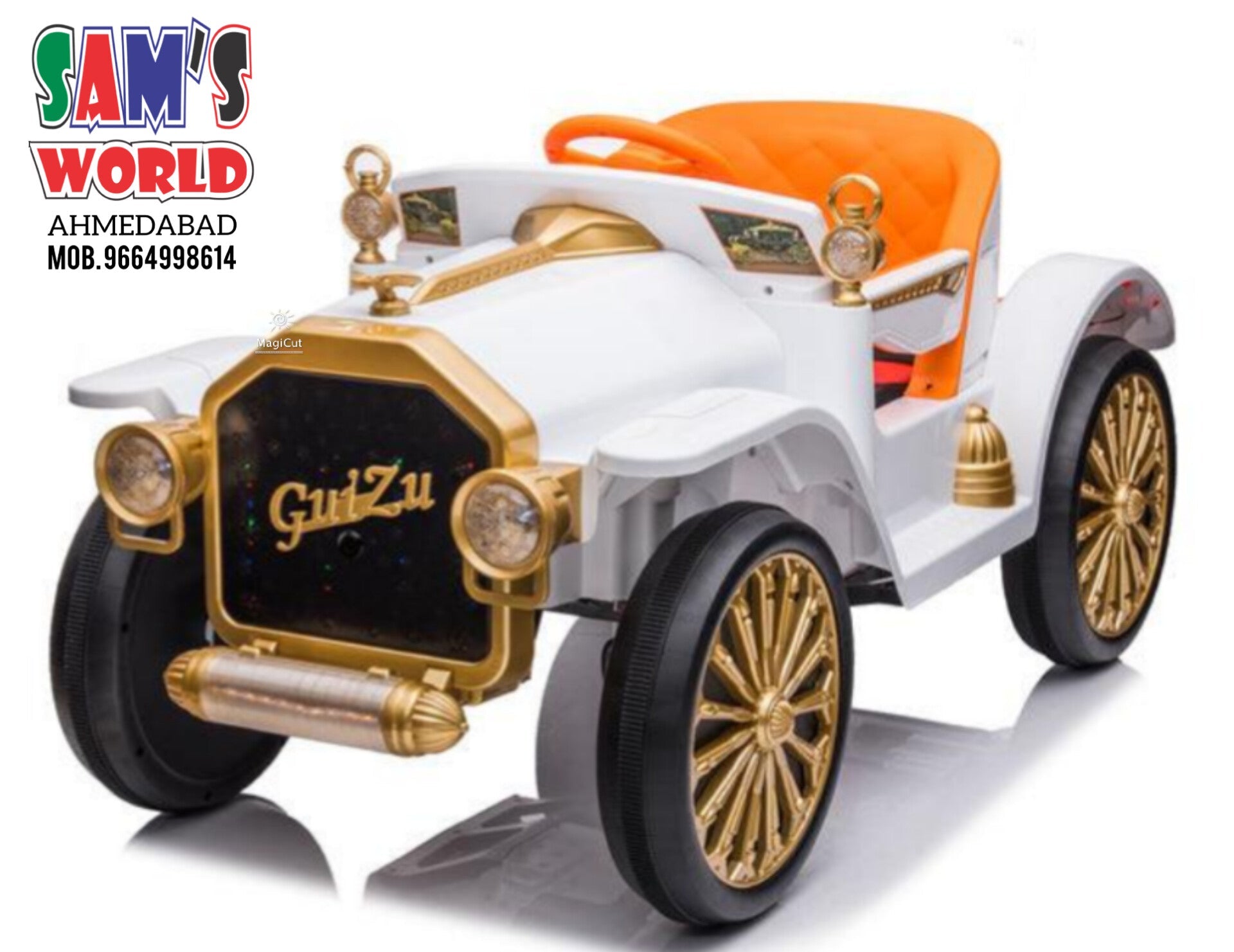 White and gold vintage Mercedes ride on car for kids battery operated in Gujarat featuring orange seat and retro brass details