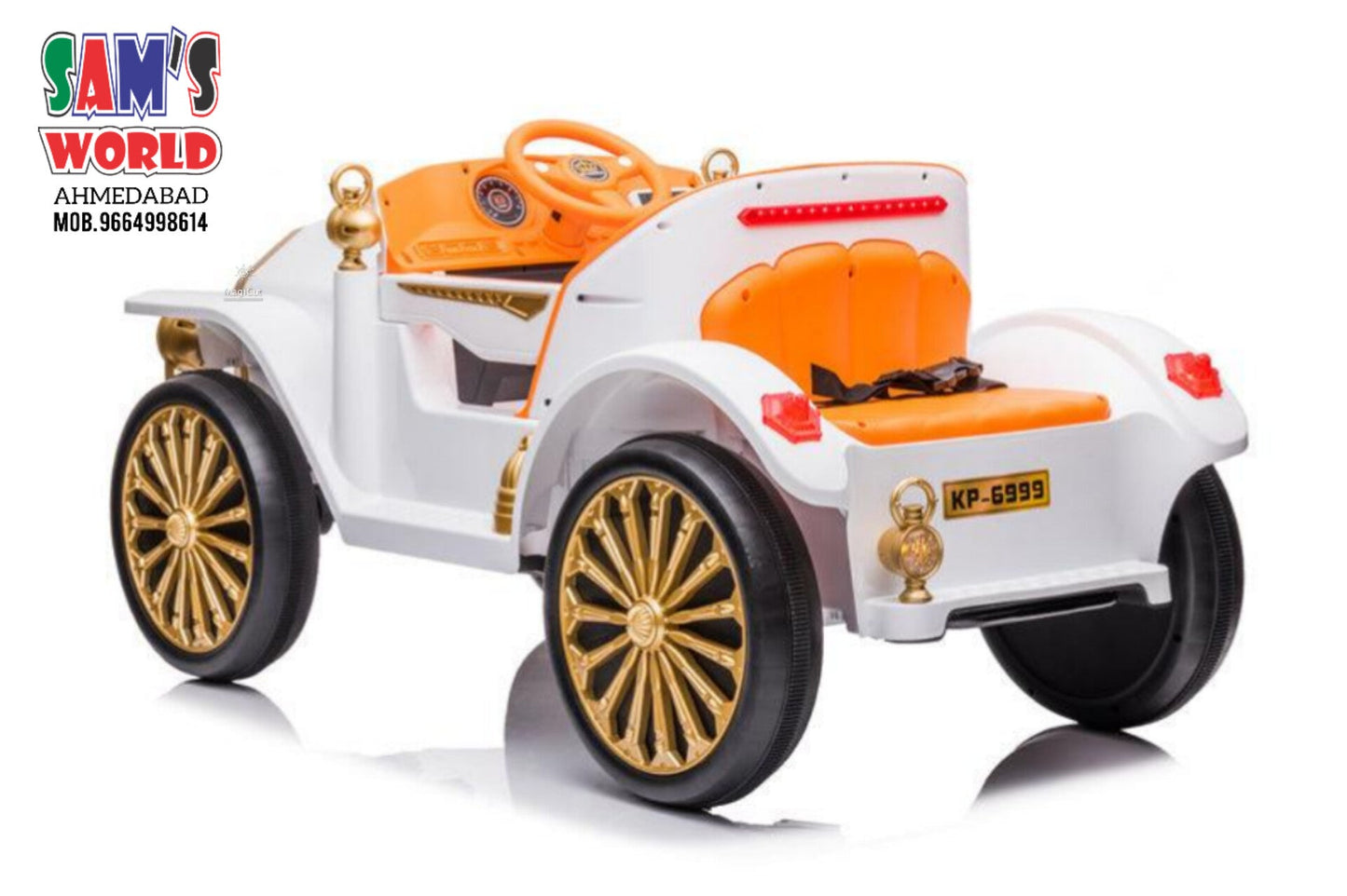 White orange toy car with gold wheels vintage Mercedes ride on car for kids battery operated in Gujarat