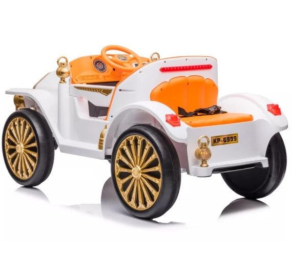 White and orange vintage Mercedes ride on car for kids battery operated in Gujarat with gold rims and orange leather seat