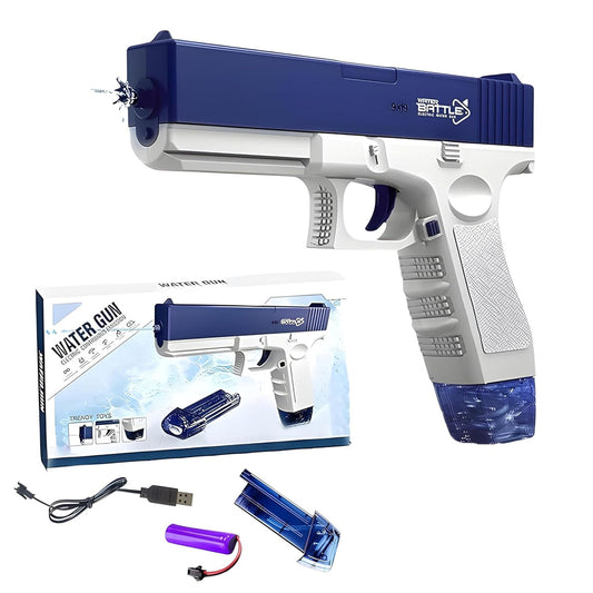 Blue and white water gun with USB charging, side view, for continuous spray water blaster for holi gun at samstoy.in