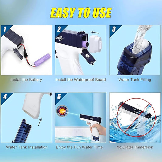 White continuous spray water blaster for Holi gun at samstoy.in, easy to use with battery and waterproof design