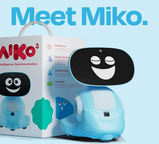 Miko 3 educational AI robot for kids in Sam's Toy Ahmedabad shown with packaging and smiling digital face
