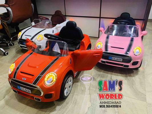 Kids electric ride on car age 1 to 8 online Ahmedabad Gujarat in orange, white, and pink colors with realistic design and headlights