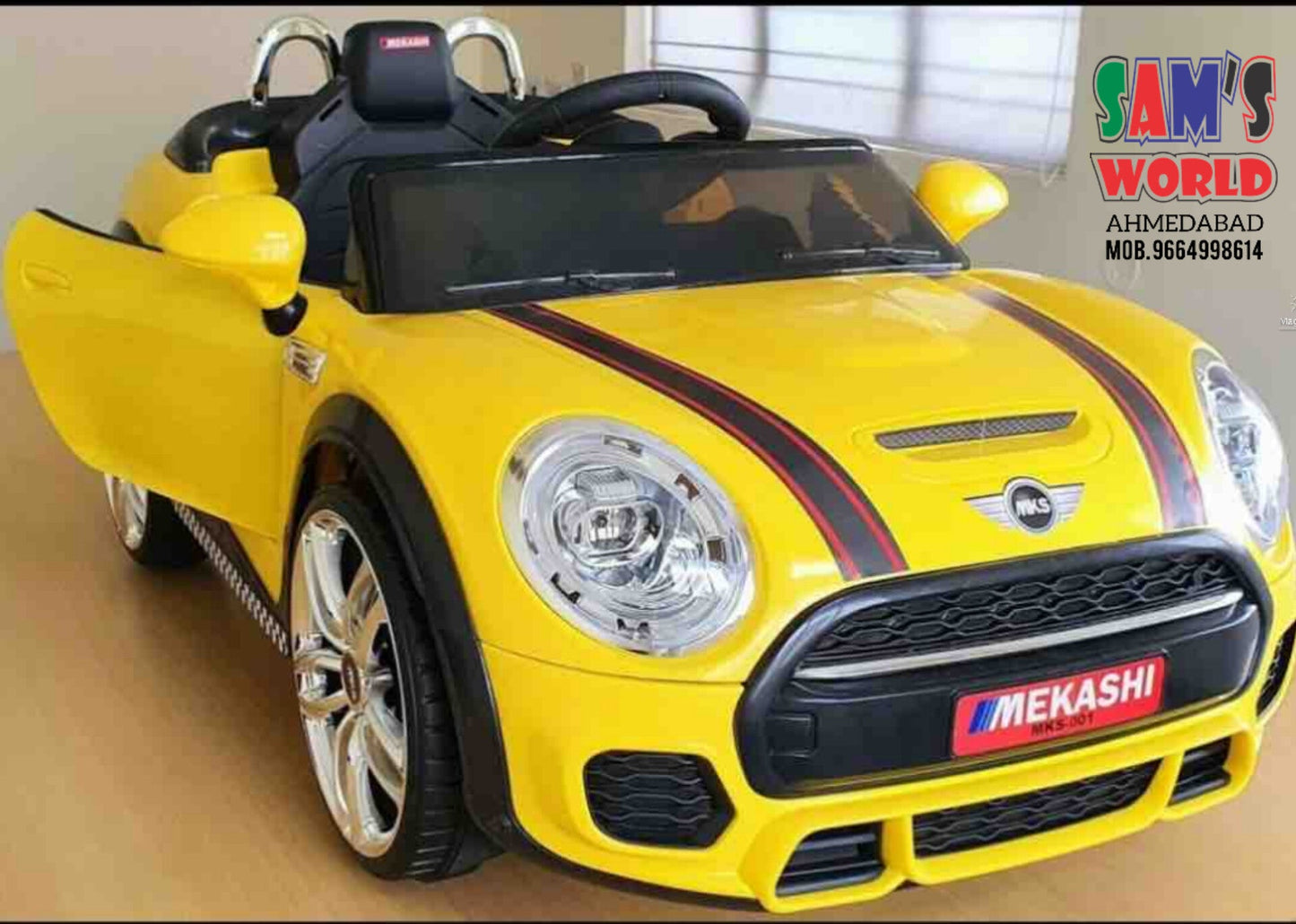Yellow kids electric ride on car age 1 to 8 online Ahmedabad Gujarat with realistic design and openable doors