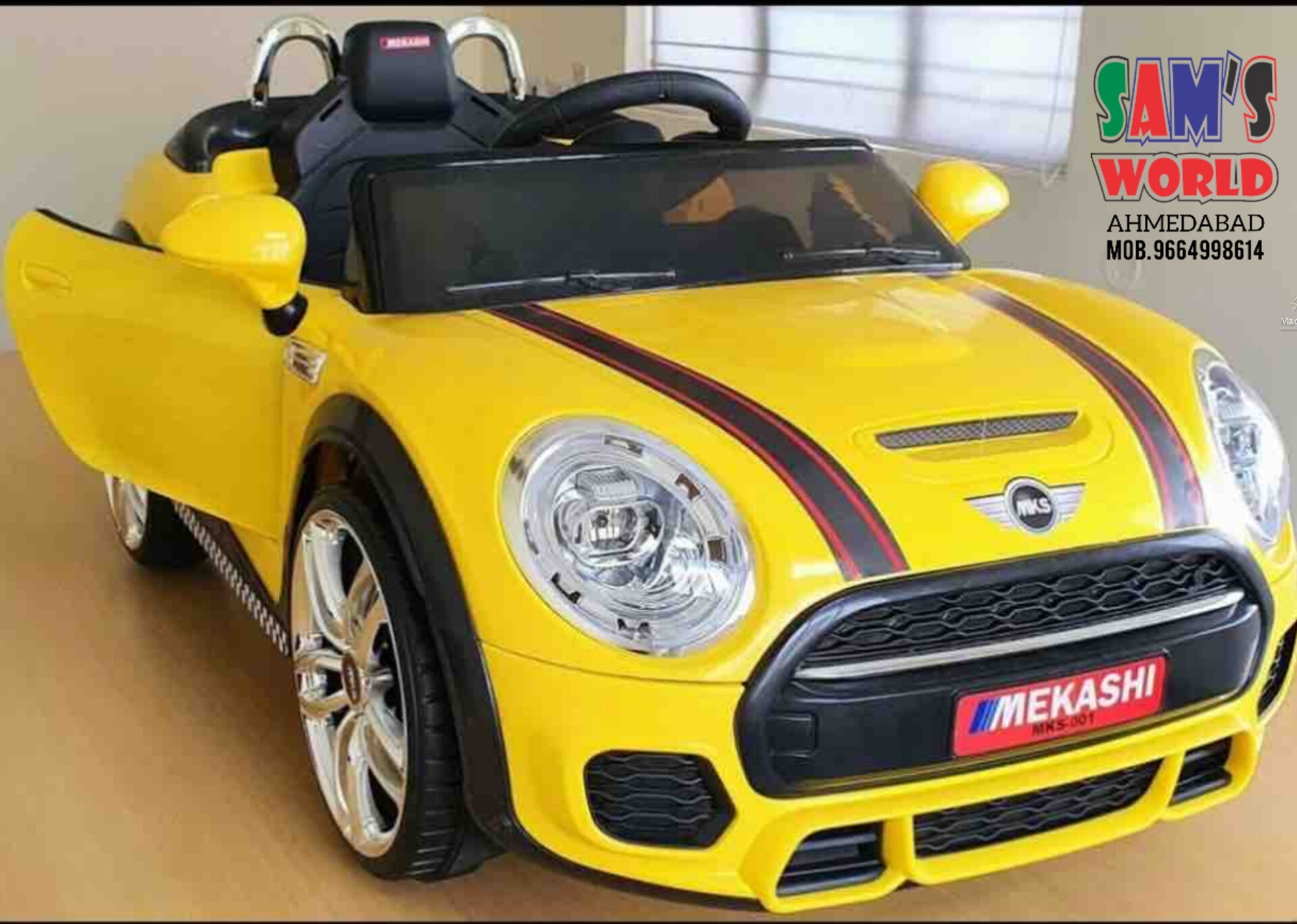 Yellow kids electric ride on car age 1 to 8 online Ahmedabad Gujarat with realistic design and openable doors